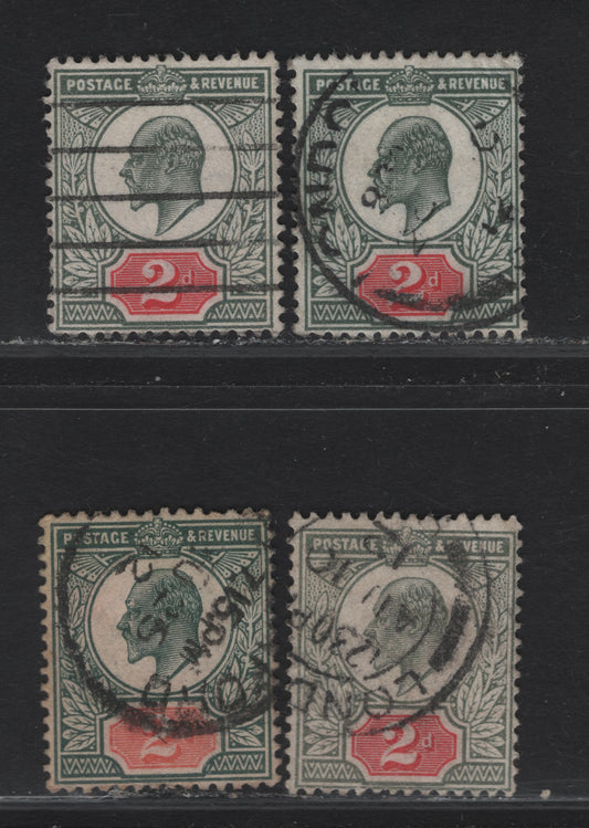 Lot 124 Great Britain SC#130b-c (SG#292 (Spec M13(3) - M13(4))) 2d Deep Dull Green & Bright Carmine - Deep Dull Green & Bright Red King Edward VII, 1902-1910 King Edward VII Issue, 3 Fine Used Singles, Somerset House Printing.