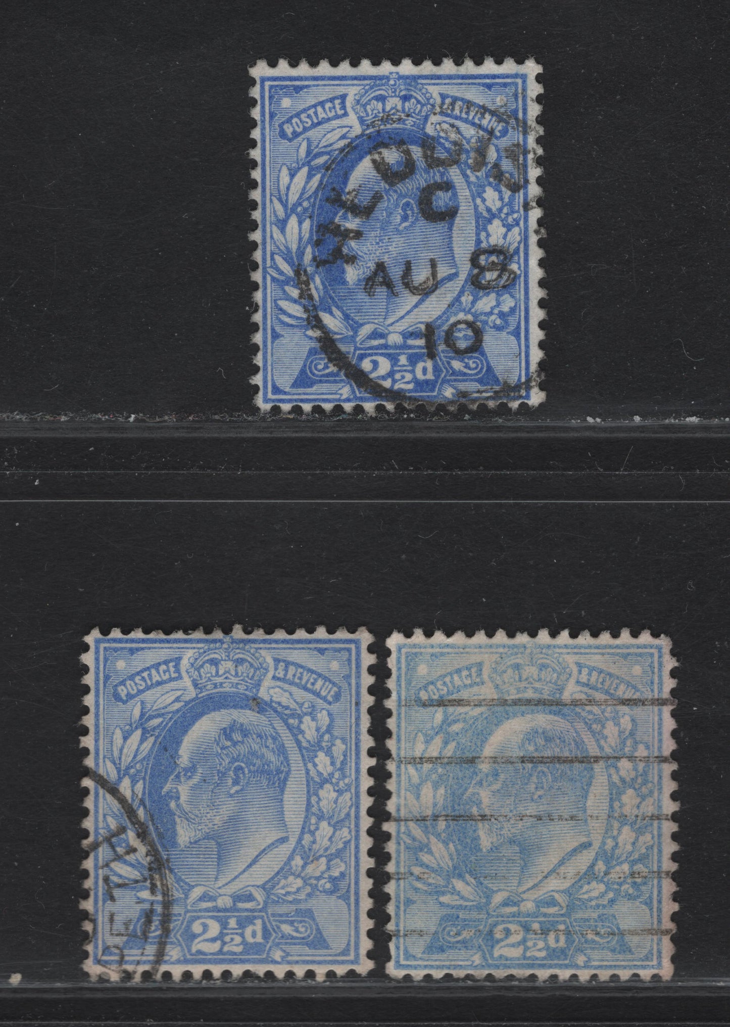 Lot 125 Great Britain SC#131-a (SG#230-231) 2.5d Pale Ultramarine - Deep Ultramarine King Edward VII, 1902-1910 King Edward VII Issue, 3 Very Fine Used Singles, DLR Printings, Perf 14