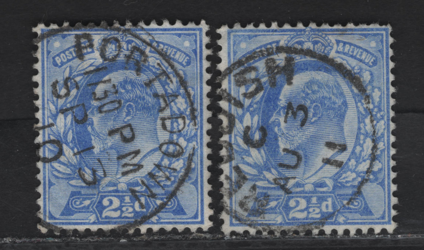 Lot 127 Great Britain SC#131var (SG#230var) 2.5d Deep Ultramarine King Edward VII, 1902-1910 King Edward VII Issue, 2 Fine/Very Fine Used Singles, Reddish Aug 3 1911 & Sept 13 1910 Portadown CDS.