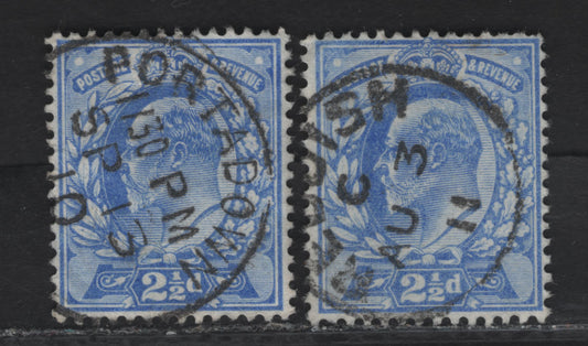 Lot 127 Great Britain SC#131var (SG#230var) 2.5d Deep Ultramarine King Edward VII, 1902-1910 King Edward VII Issue, 2 Fine/Very Fine Used Singles, Reddish Aug 3 1911 & Sept 13 1910 Portadown CDS.