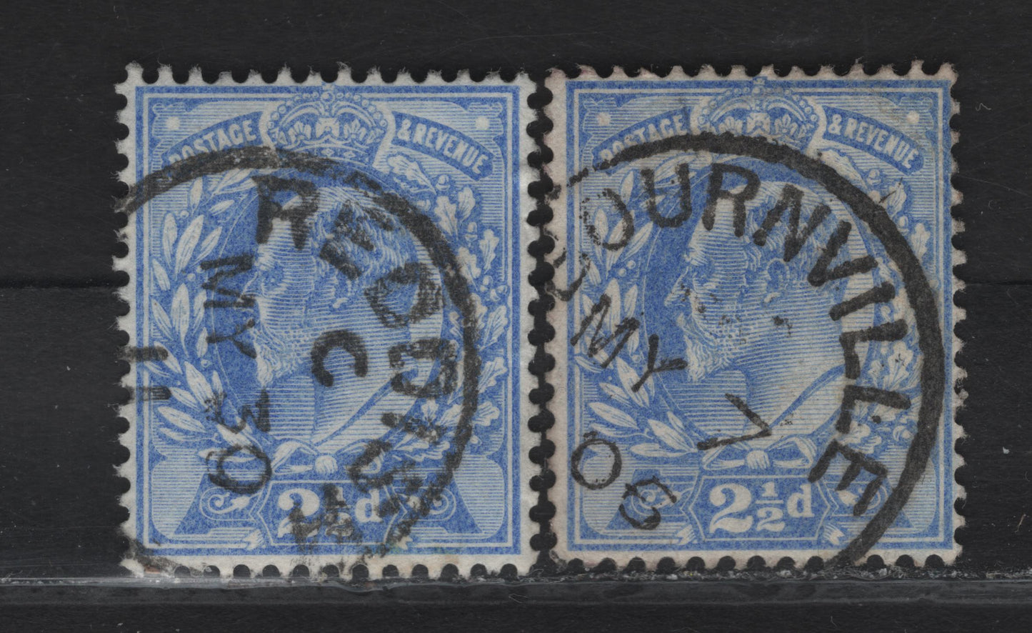 Lot 128 Great Britain SC#131 (SG#230) 2.5d Ultramarine King Edward VII, 1902-1910 King Edward VII Issue, 2 Fine/Very Fine Used Singles, DLR Printing, May 30 1911 Reddish & May 7 1906 Bourneville CDS