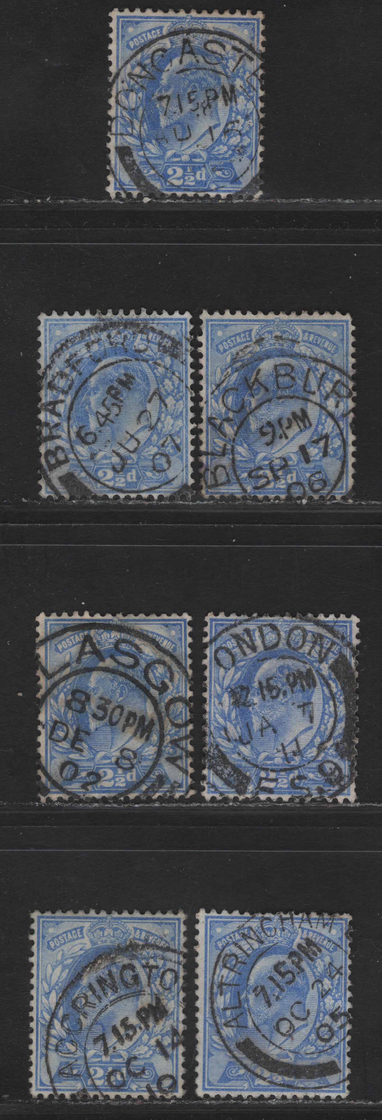 Lot 129 Great Britain SC#131 (SG#230) 2.5d Ultramarine King Edward VII, 1902-1910 King Edward VII Issue, 4 Fine/Very Fine Used Singles, DLR Printings, Single Barell CDS Cancels
