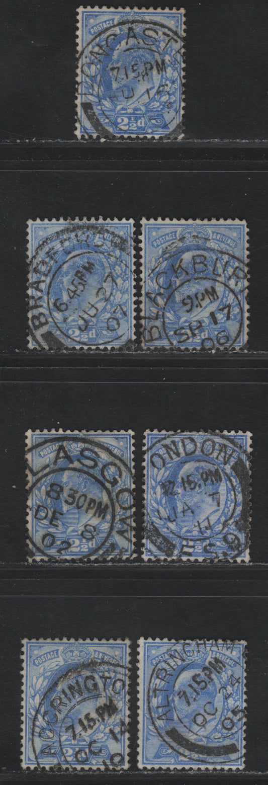 Lot 129 Great Britain SC#131 (SG#230) 2.5d Ultramarine King Edward VII, 1902-1910 King Edward VII Issue, 4 Fine/Very Fine Used Singles, DLR Printings, Single Barell CDS Cancels