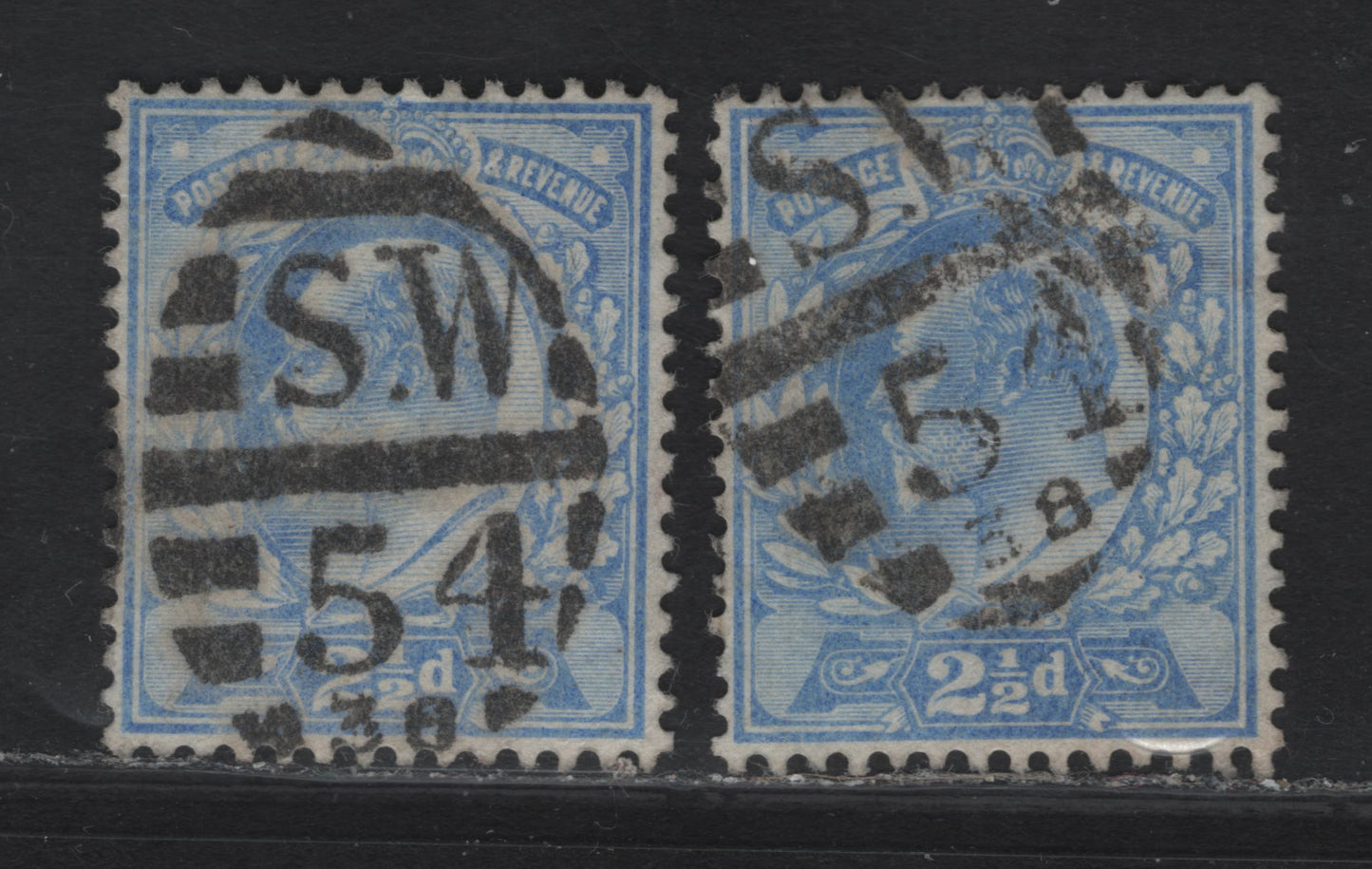 Lot 130 Great Britain SC#131a (SG#231) 2.5d Pale Ultramarine - Deep Ultramarine King Edward VII, 1902-1910 King Edward VII Issue, 2 Very Fine Used Singles, DLR Printings, Common Victorian Period Bootheel Killers