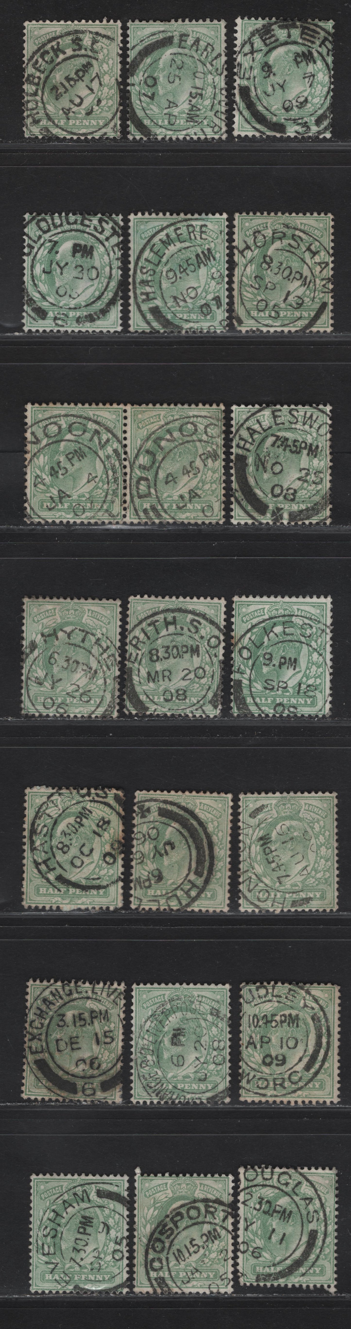 Lot 13 Great Britain SC#143-143a (SG#217-218) 1/2d Pale Yellowish Green - Yellowish Green King Edward VII, 1902-1910 King Edward VII Issue,  Fine/Very Fine Used Singles, Single Bar Barell CDS Cancels, D-H Towns & Villages