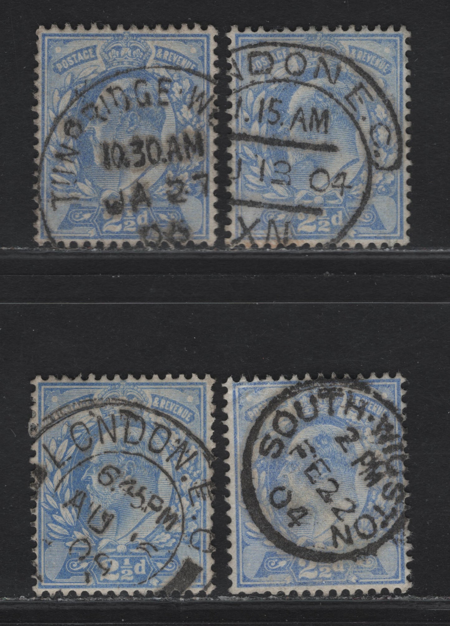 Lot 131 Great Britain SC#131a (SG#231) 2.5d Pale Ultramarine - Deep Ultramarine King Edward VII, 1902-1910 King Edward VII Issue, 4 Fine/Very Fine Used Singles, DLR Printings, Various CDS Cancels.