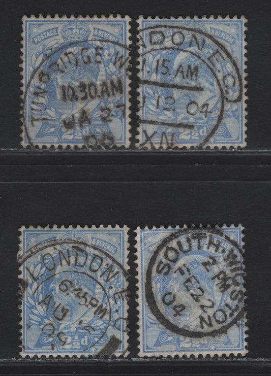 Lot 131 Great Britain SC#131a (SG#231) 2.5d Pale Ultramarine - Deep Ultramarine King Edward VII, 1902-1910 King Edward VII Issue, 4 Fine/Very Fine Used Singles, DLR Printings, Various CDS Cancels.