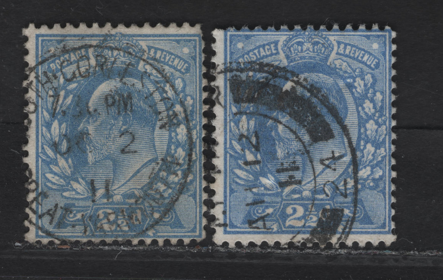 Lot 132 (C) Great Britain SC#131b (SG#276 (Spec M17(2)-(3))) 2.5d Bright Blue & Dull Blue King Edward VII, 1902-1910 King Edward VII Issue, 2 Fine Used Singles, Harrison Printings, Perf 14, Typical Centering.