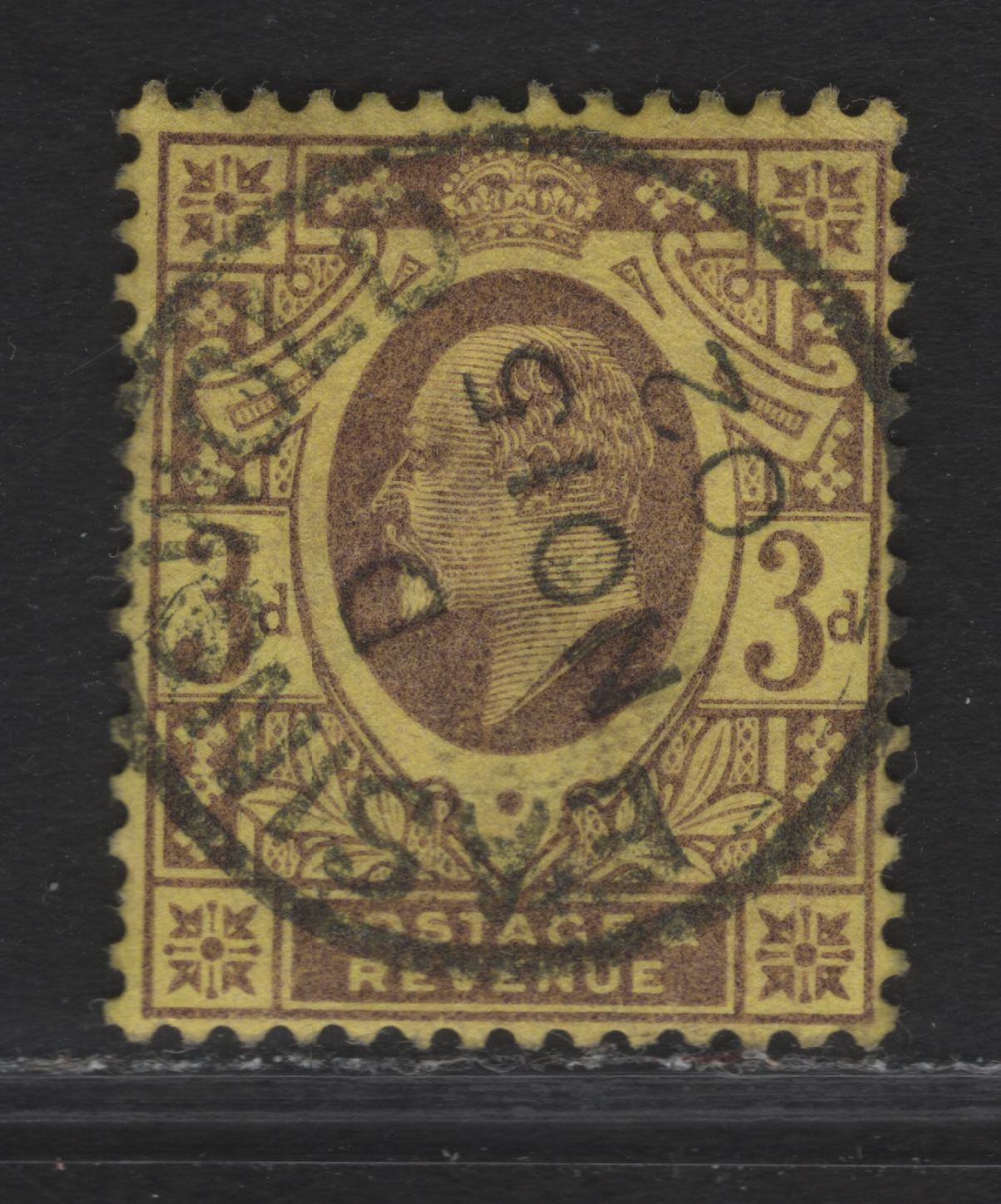 Lot 139 Great Britain SC#132 (SG#232) 3d Pale Dull Purple on Orange Yellow King Edward VII, 1902-1910 King Edward VII Issue, A Very Fine Used Single, DLR Printing, SON Nov 13 1902 Easingwold Cancel
