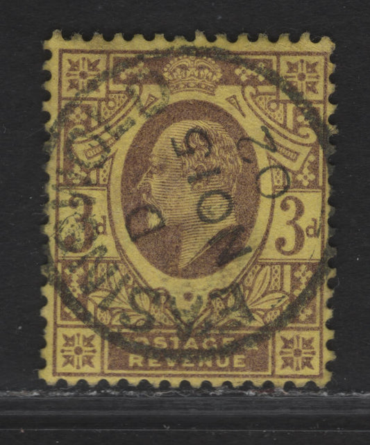 Lot 139 Great Britain SC#132 (SG#232) 3d Pale Dull Purple on Orange Yellow King Edward VII, 1902-1910 King Edward VII Issue, A Very Fine Used Single, DLR Printing, SON Nov 13 1902 Easingwold Cancel