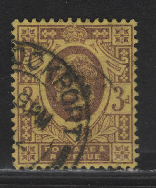 Lot 140 Great Britain SC#132var (SG#232) 3d Dull Reddish Purple on Orange Yellow King Edward VII, 1902-1910 King Edward VII Issue, A Very Fine Used Single, DLR Printing.