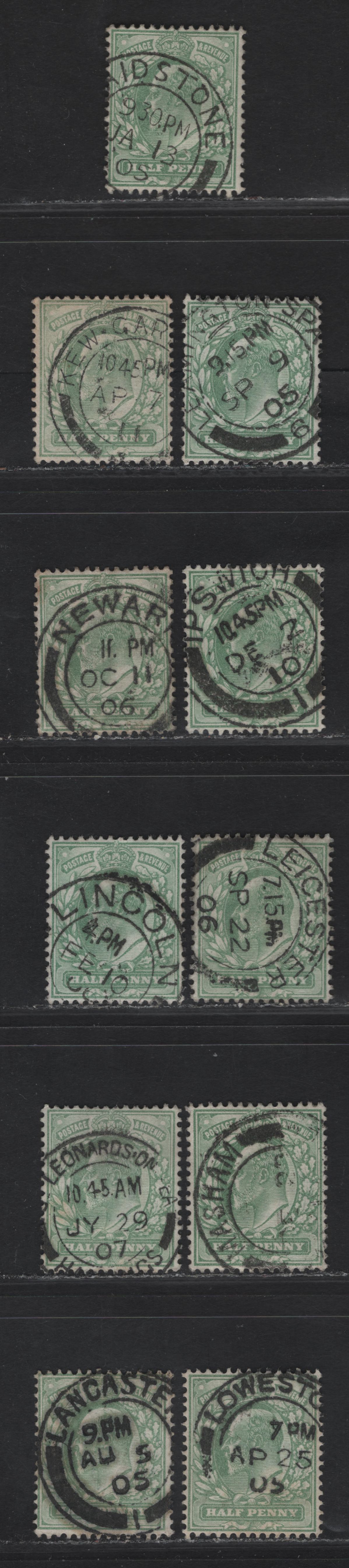 Lot 14 Great Britain SC#143-143a (SG#217-218) 1/2d Yellowish Green - Pale Yellowish Green King Edward VII, 1902-1910 King Edward VII Issue,  Fine/Very Fine Used Singles, Single Bar Barell CDS Cancels, I-N Towns & Villages