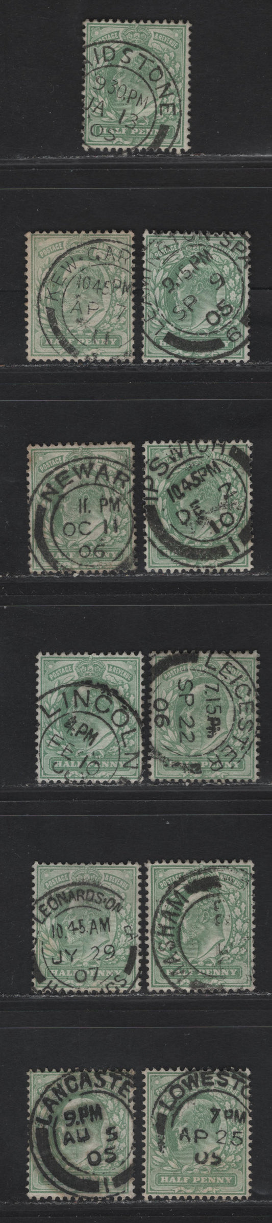 Lot 14 Great Britain SC#143-143a (SG#217-218) 1/2d Yellowish Green - Pale Yellowish Green King Edward VII, 1902-1910 King Edward VII Issue,  Fine/Very Fine Used Singles, Single Bar Barell CDS Cancels, I-N Towns & Villages