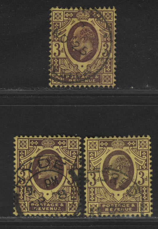Lot 141 Great Britain SC#132a (SG#232, 232b) 3d Deep Reddish Purple - Deep Purple On Orange Yellow King Edward VII, 1902-1910 King Edward VII Issue, 3 Very Fine Used Singles, DLR Printings.