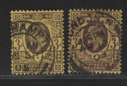 Lot 142 Great Britain SC#132 (SG#232) 3d Dull Reddish Purple/Dull Purple on Orange Yellow King Edward VII, 1902-1910 King Edward VII Issue, 2 Very Fine Used Singles, SON August 10 1903 & Sept 6 1905 Southampton.