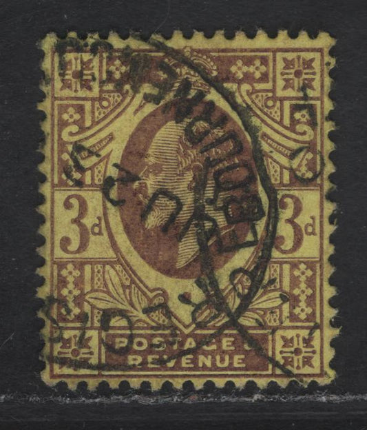 Lot 143 (C) Great Britain SC#132f (SG#233) 3d Dull Reddish Purple on Yellow King Edward VII, 1902-1910 King Edward VII Issue, A Very Fine Used Single, DLR Printing, Chalk Surfaced Lemon Back Paper.
