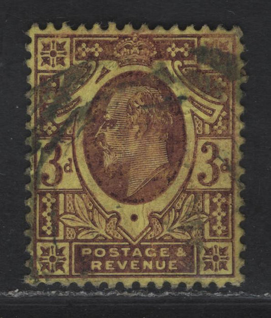 Lot 144 Great Britain SC#132e (SG#233) 3d Reddish Purple on Orange Yellow King Edward VII, 1902-1910 King Edward VII Issue, A Very Fine Used Single, DLR Printing, Chalk Surfaced Paper