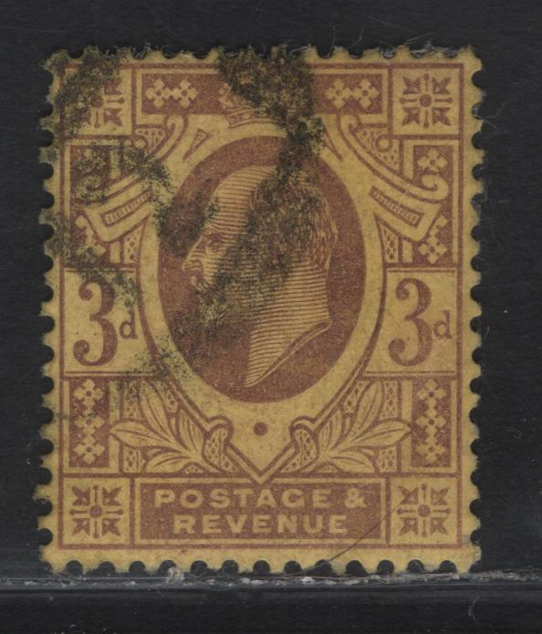 Lot 145 Great Britain SC#132e (SG#233c) 3d Pale Reddish Purple on Orange Yellow King Edward VII, 1902-1910 King Edward VII Issue, A Fine Used Single, DLR Printing, Chalk Surfaced Paper