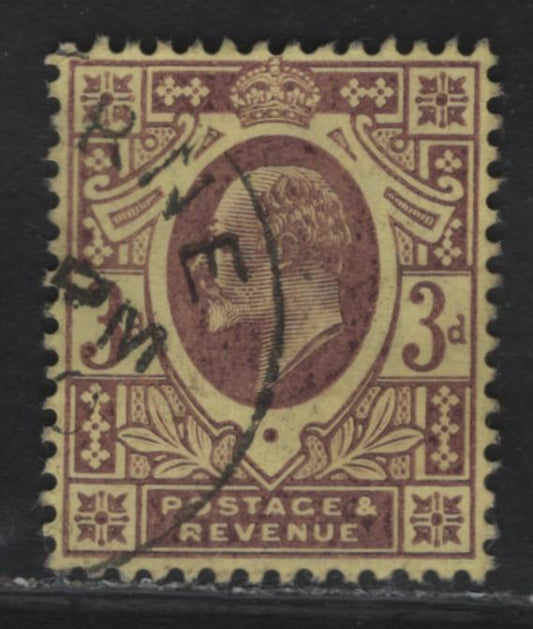 Lot 146 Great Britain SC#132g (SG#233b) 3d Pale Purple on Lemon King Edward VII, 1902-1910 King Edward VII Issue, A Very Fine Used Single, DLR Printing, Chalk Surfaced Paper