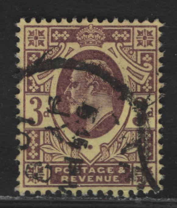 Lot 147 Great Britain SC#132g (SG#234) 3d Purple on Lemon King Edward VII, 1902-1910 King Edward VII Issue, A Very Fine Used Single, DLR Printing, Chalk Surfaced Paper