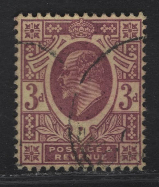 Great Britain SC#132h (SG#234) 3d Reddish Purple on Lemon King Edward VII, 1902-1910 King Edward VII Issue, A Very Fine Used Single, DLR Printing, Chalk Surfaced Paper, This May Be A Changeling, But The Color Looks Even.