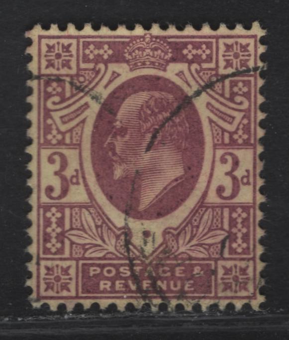 Lot 148 Great Britain SC#132h (SG#234) 3d Reddish Purple on Lemon King Edward VII, 1902-1910 King Edward VII Issue, A Very Fine Used Single, DLR Printing, Chalk Surfaced Paper, This May Be A Changeling, But The Color Looks Even.