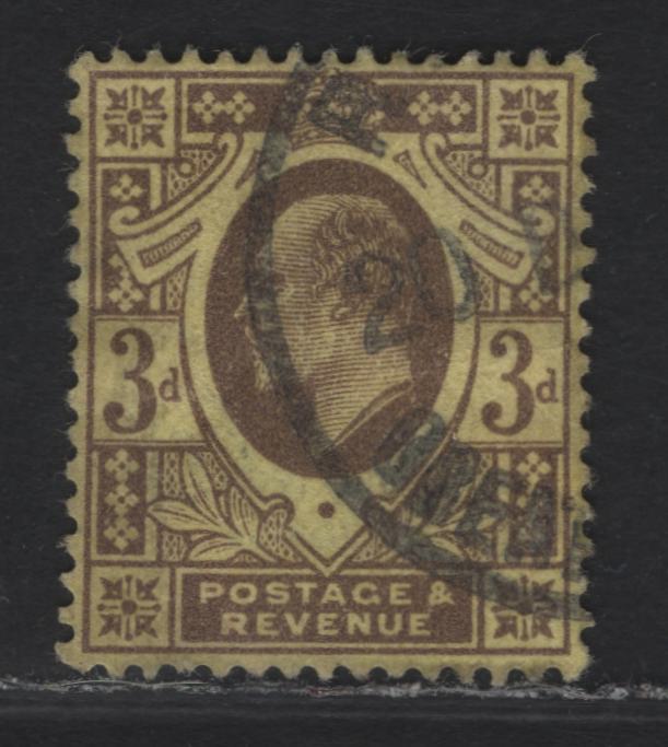 Lot 150 Great Britain SC#149 (SG#285) 3d Purple on Lemon King Edward VII, 1902-1910 King Edward VII Issue, A Very Fine Used Single, Harrison Printing, Perf 15x14