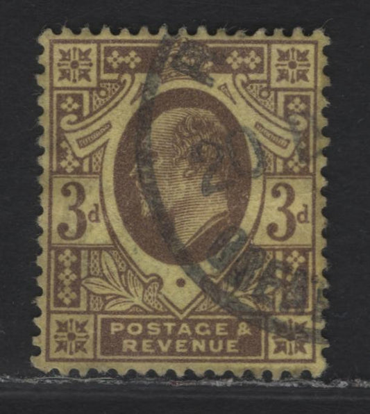 Lot 150 Great Britain SC#149 (SG#285) 3d Purple on Lemon King Edward VII, 1902-1910 King Edward VII Issue, A Very Fine Used Single, Harrison Printing, Perf 15x14