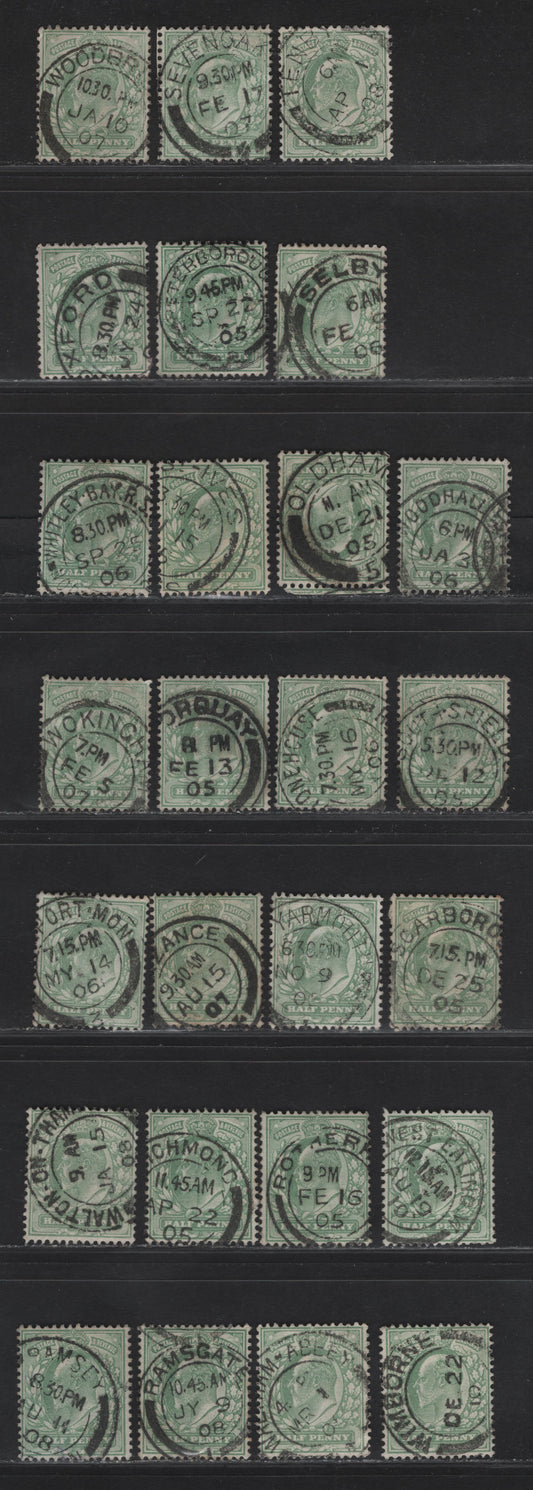 Lot 15 Great Britain SC#143-143a (SG#216-217) 1/2d Pale Yellowish Green - Yellowish Green King Edward VII, 1902-1910 King Edward VII Issue,  Fine/Very Fine Used Singles, Single Bar Barell CDS Cancels, O-Z Towns & Villages