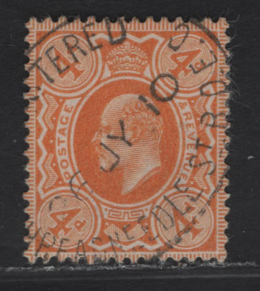 Lot 151 Great Britain SC#144 (SG#240) 4d Pale Orange King Edward VII, 1902-1910 King Edward VII Issue, A Very Fine Used Single, DLR Printing, July 26 1910 Threadneedle St Registry Cancel