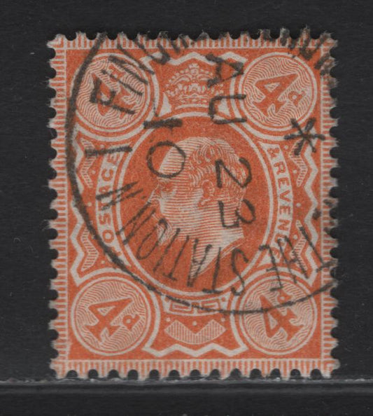 Lot 153 Great Britain SC#144avar (SG#240) 4d Orange King Edward VII, 1902-1910 King Edward VII Issue, A Very Fine Used Single, DLR Printing, August 1910 CDS