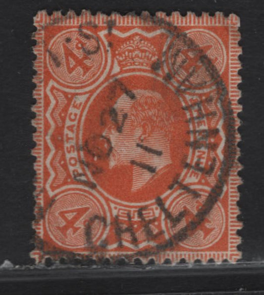 Lot 157 Great Britain SC#144c (SG#278) 4d Bright Orange King Edward VII, 1902-1910 King Edward VII Issue, A Very Fine Used Single, Harrison Printing, Perf 14, November 27 1911.