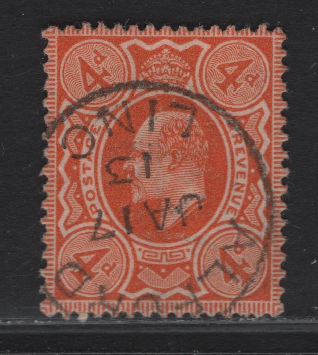 Lot 159 Great Britain SC#150 (SG#286) 4d Bright Orange King Edward VII, 1902-1910 King Edward VII Issue, A Very Fine Used Single, Harrison Printing, Perf 15x14, January 17 1913 Alford CDS Cancel.
