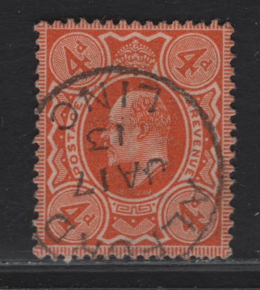 Lot 159 Great Britain SC#150 (SG#286) 4d Bright Orange King Edward VII, 1902-1910 King Edward VII Issue, A Very Fine Used Single, Harrison Printing, Perf 15x14, January 17 1913 Alford CDS Cancel.