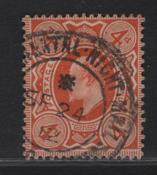 Lot 160 Great Britain SC#150 (SG#286) 4d Bright Orange King Edward VII, 1902-1910 King Edward VII Issue, A Fine Used Single, Harrison Printing, Perf 15x14, September …ental Night Mail Cancel.
