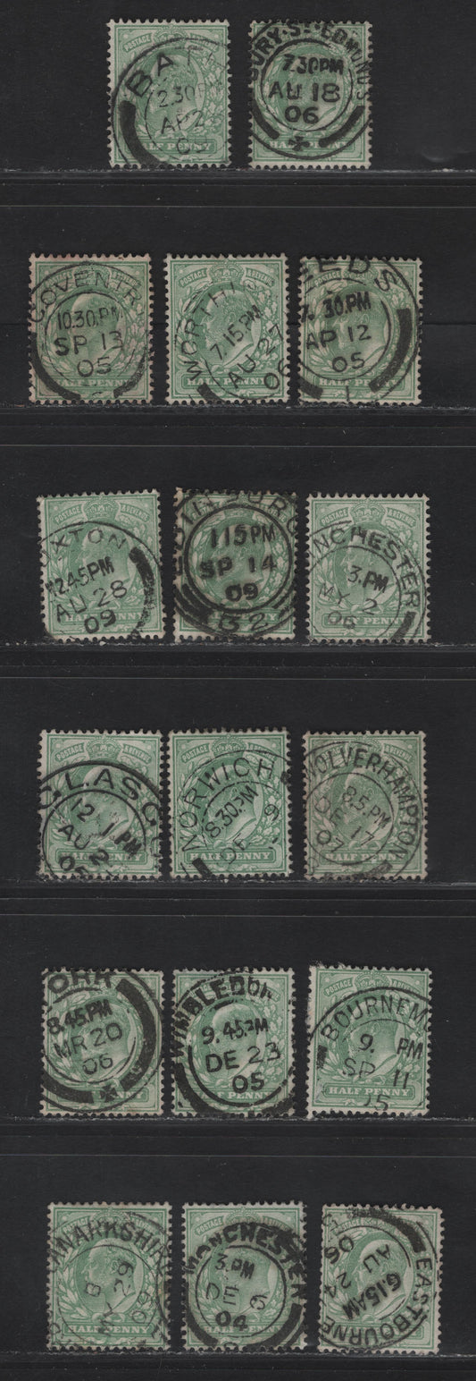 Lot 16 Great Britain SC#143-143a (SG#217-218) 1/2d Pale Yellowish Green - Yellowish Green King Edward VII, 1902-1910 King Edward VII Issue,  Fine/Very Fine Used Singles, Single Bar Barell CDS Cancels, A-Z Towns & Villages