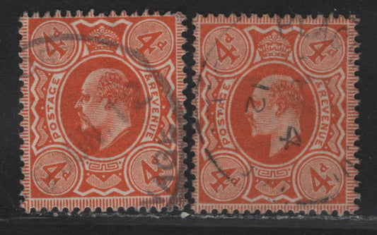 Lot 161 Great Britain SC#150 (SG#286) 4d Bright Orange - Deep Bright Orange King Edward VII, 1902-1910 King Edward VII Issue, 2 Fine Used Singles, Harrison Printings, Perf 15x14