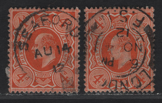 Lot 162 Great Britain SC#150 (SG#286 (Spec M27(2))) 4d Bright Orange King Edward VII, 1902-1910 King Edward VII Issue, A Very Fine Used Single, Harrison Printings, Perf 15x14, November 4 1912 London & August 14 1912 CDS Cancels.