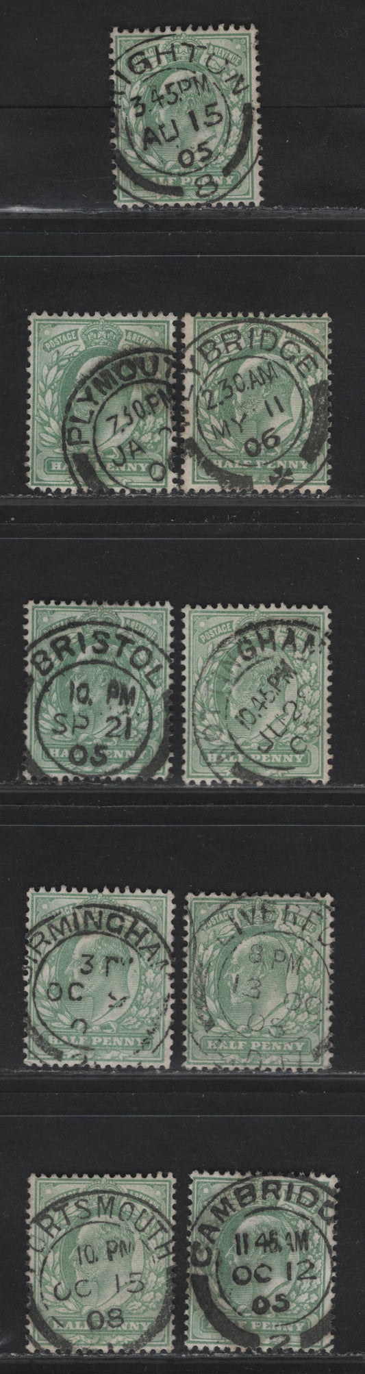 Lot 17 Great Britain SC#143-143a (SG#217-218) 1/2d Pale Yellowish Green - Yellowish Green King Edward VII, 1902-1910 King Edward VII Issue,  Fine/Very Fine Used Singles, Single Bar Barell CDS Cancels, B-P Towns & Villages