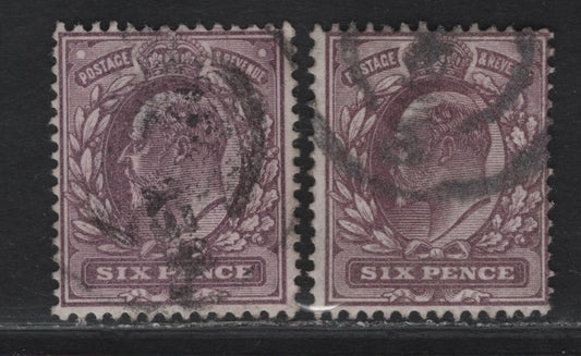 Lot 175 Great Britain SC#135c (SG#297 (Spec M33(4)-M33(8))) 6d Dull Purple & Dull Lilac King Edward VII, 1902-1910 King Edward VII Issue, 2 Fine Used Singles, Somerset House printing, Ordinary Paper
