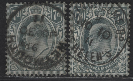 Lot 178 Great Britain SC#145 (SG#249) 7d Gray Black King Edward VII, 1902-1910 King Edward VII Issue, 2 Fine/Very Fine Used Singles, DLR Printing, June 30 1911 Weymouth & Nov 10 1911 Lingrolme St Helene' CDS Cancels