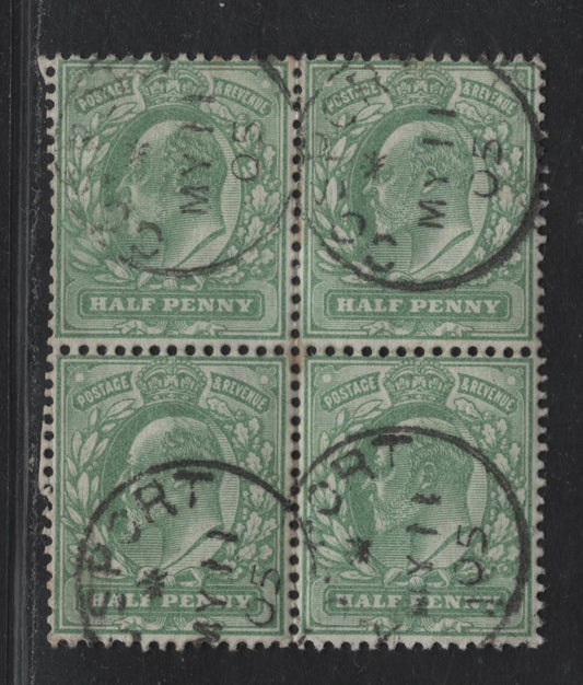 Lot 191 Great Britain SC#143a (SG#218) 1/2d Yellowish Green King Edward VII, 1902-1910 King Edward VII Issue, A Very Fine Used Block of 4, DLR Printing, May 11 1905 Gesport CDS