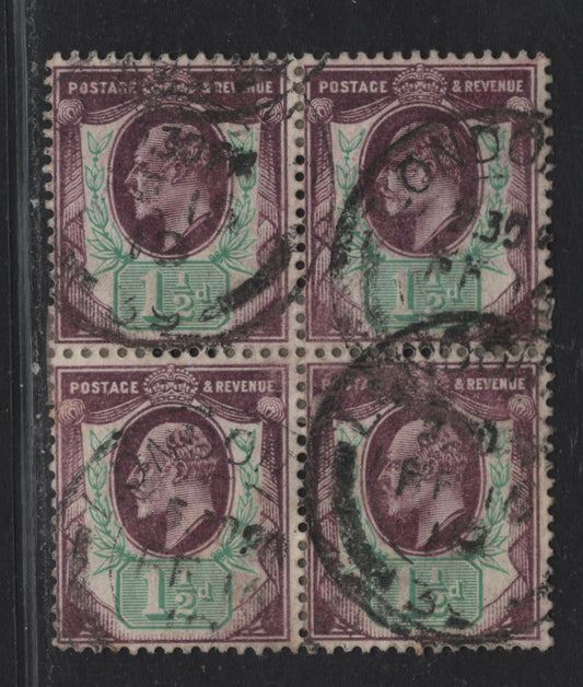 Lot 192 Great Britain SC#129e (SG#224) 1.5d Slate Purple & Bluish Green King Edward VII, 1902-1910 King Edward VII Issue, A Fine Used Block Of 4, Chalk Surfaced Paper, DLR Printing, Feb 16 1910 London Cancel