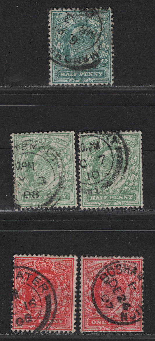 Lot 194 Great Britain SC#127avar, 128var (SG#216-220) 1/2d - 1d Blue Green - Bright Scarlet, 1902-1910 King Edward VII Issue, 5 Fine/Very Fine Used Booklet Singles, Tripped Perfs On At Least 1 Side Signalling That They Have Come From A Booklet