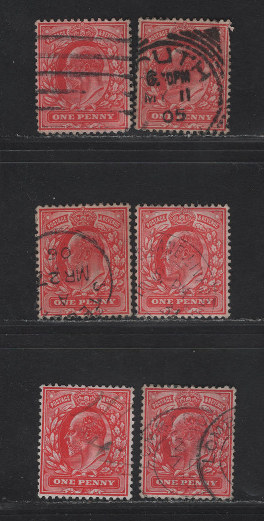 Lot 195 Great Britain SC#128, 128h (SG#219-220 (Spec M5(6)-M5(4))) 1d Scarlet - Rose Carmine King Edward VII, 1902-1910 King Edward VII Issue, 6 Fine/Very Fine Used Singles, All Listed & Additional Unlisted Ones