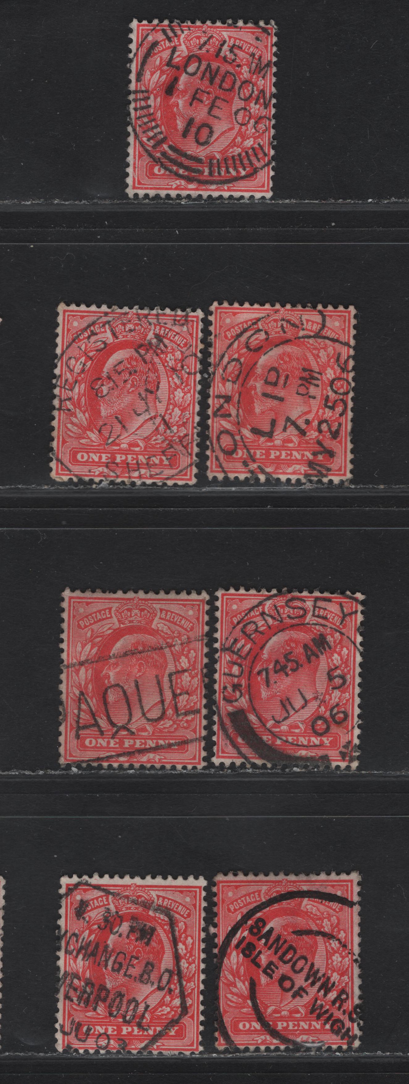 Lot 196 Great Britain SC#128 (SG#219-220) 1d Scarlet - Bright Scarlet King Edward VII, 1902-1910 King Edward VII Issue, 5 Fine/Very Fine Used Singles, Unusual Cancels, Two Less Commonly Seen London Types