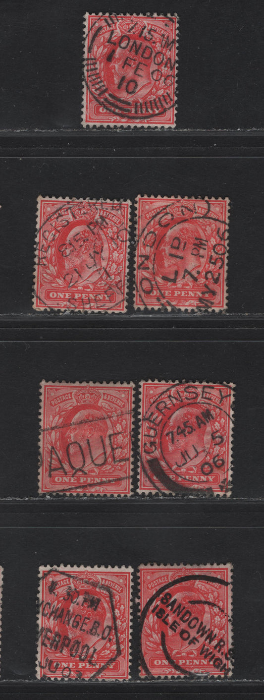 Lot 196 Great Britain SC#128 (SG#219-220) 1d Scarlet - Bright Scarlet King Edward VII, 1902-1910 King Edward VII Issue, 5 Fine/Very Fine Used Singles, Unusual Cancels, Two Less Commonly Seen London Types