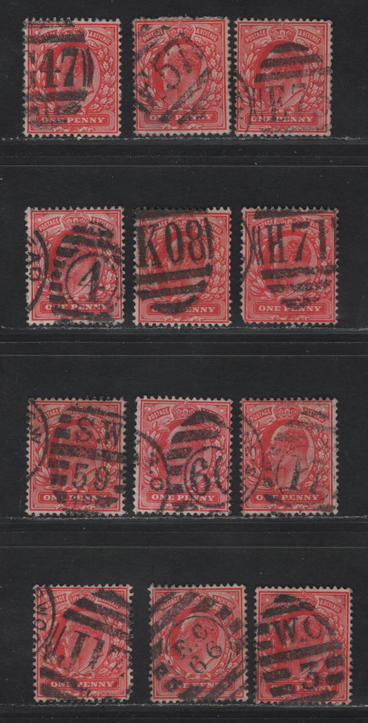 Lot 197 Great Britain SC#128 (SG#219-220) 1d Scarlet - Bright Scarlet King Edward VII, 1902-1910 King Edward VII Issue,  Fine/Very Fine Used Singles, Alphanumeric Duplex Hammers & Victorial Era Numeral London Bench Office Duplex Cancels
