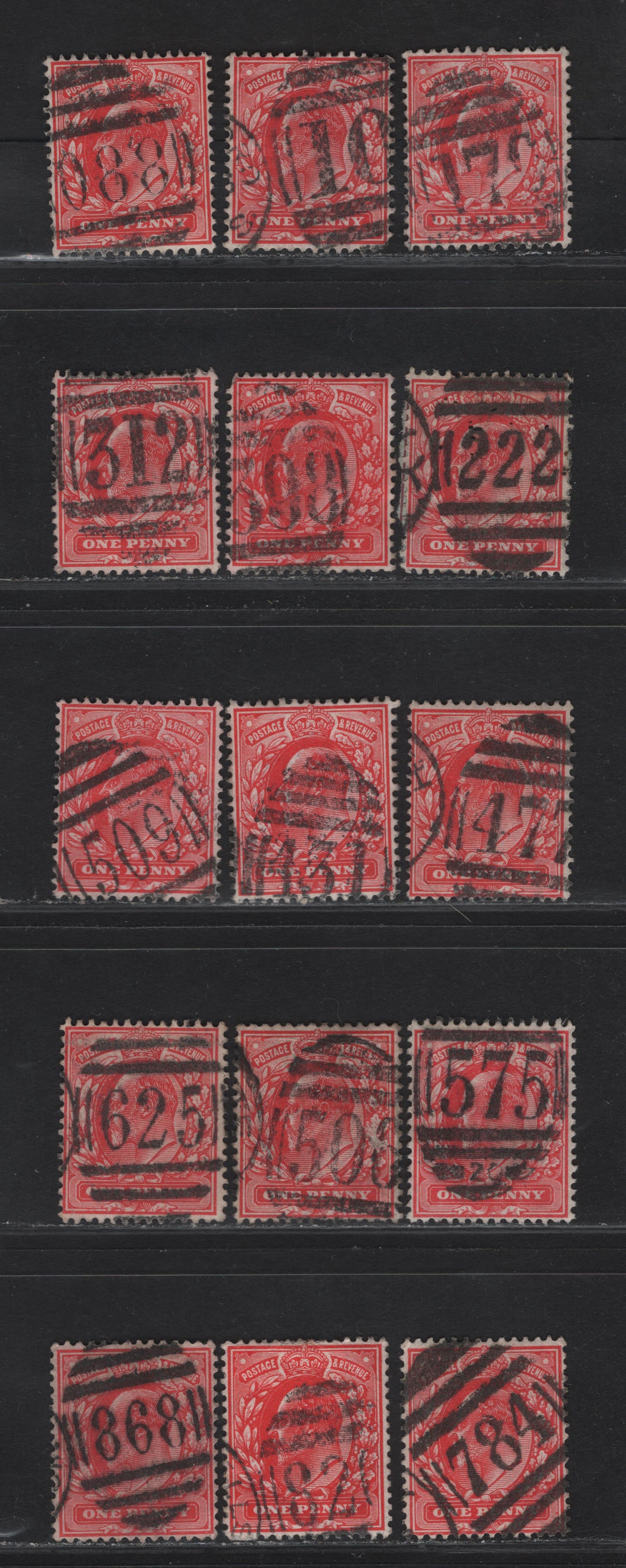 Lot 198 Great Britain SC#128 (SG#219-220) 1d Scarlet - Bright Scarlet, 1902-1910 King Edward VII Issue,  Fine/Very Fine Used Singles, Numeral Duplex Cancels For Various Post Offices, All Listed On The Great Britain Philatelic Society's Website