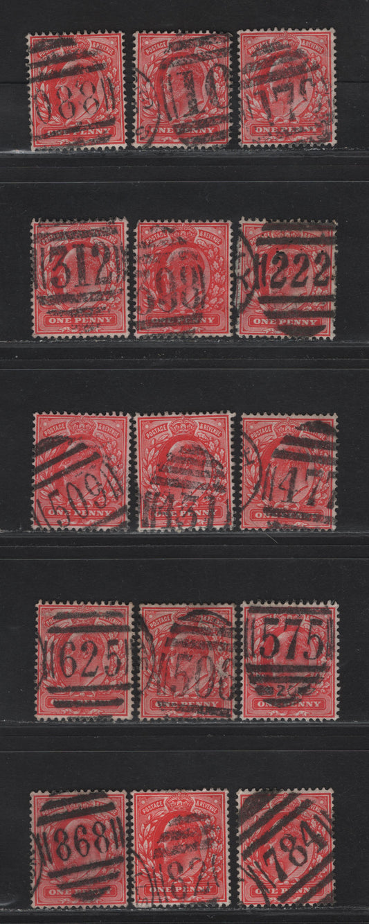 Lot 198 Great Britain SC#128 (SG#219-220) 1d Scarlet - Bright Scarlet, 1902-1910 King Edward VII Issue,  Fine/Very Fine Used Singles, Numeral Duplex Cancels For Various Post Offices, All Listed On The Great Britain Philatelic Society's Website